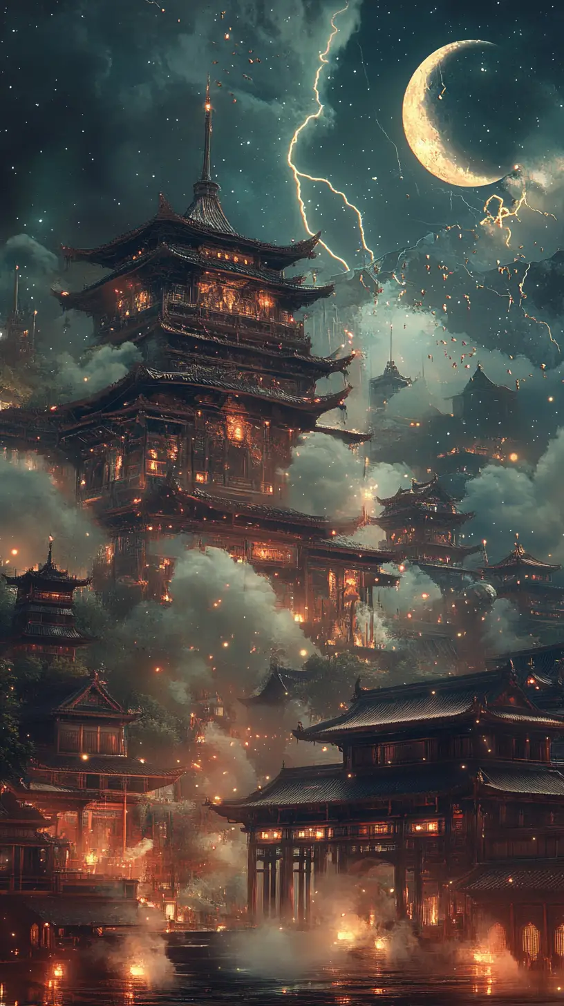 Celestial Asian Palaces Of Cloud Under Crescent Moons