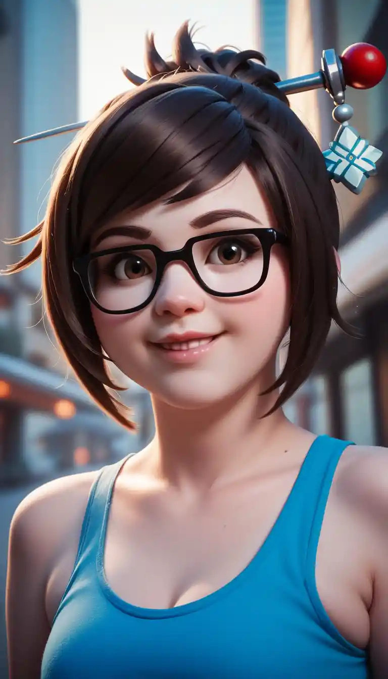 Chica sonriente con camiseta azul en retrato de cosplay en la ciudad