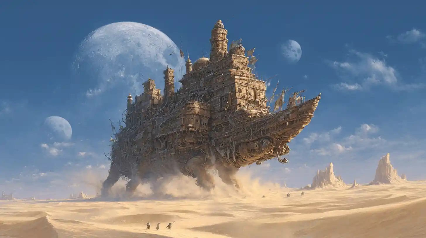 Nomadic caravan city on ancient beasts crossing alien desert