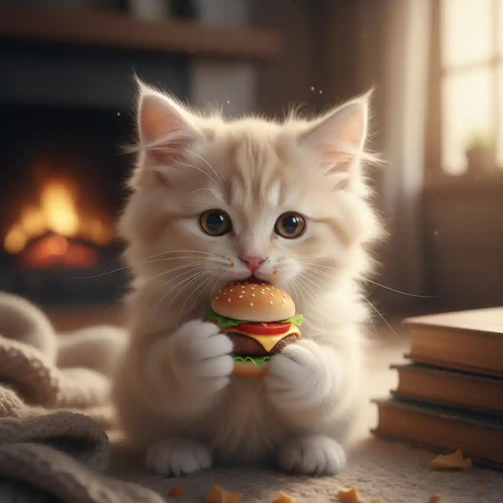 Cute fluffy kitten enjoying a hamburger in warm light