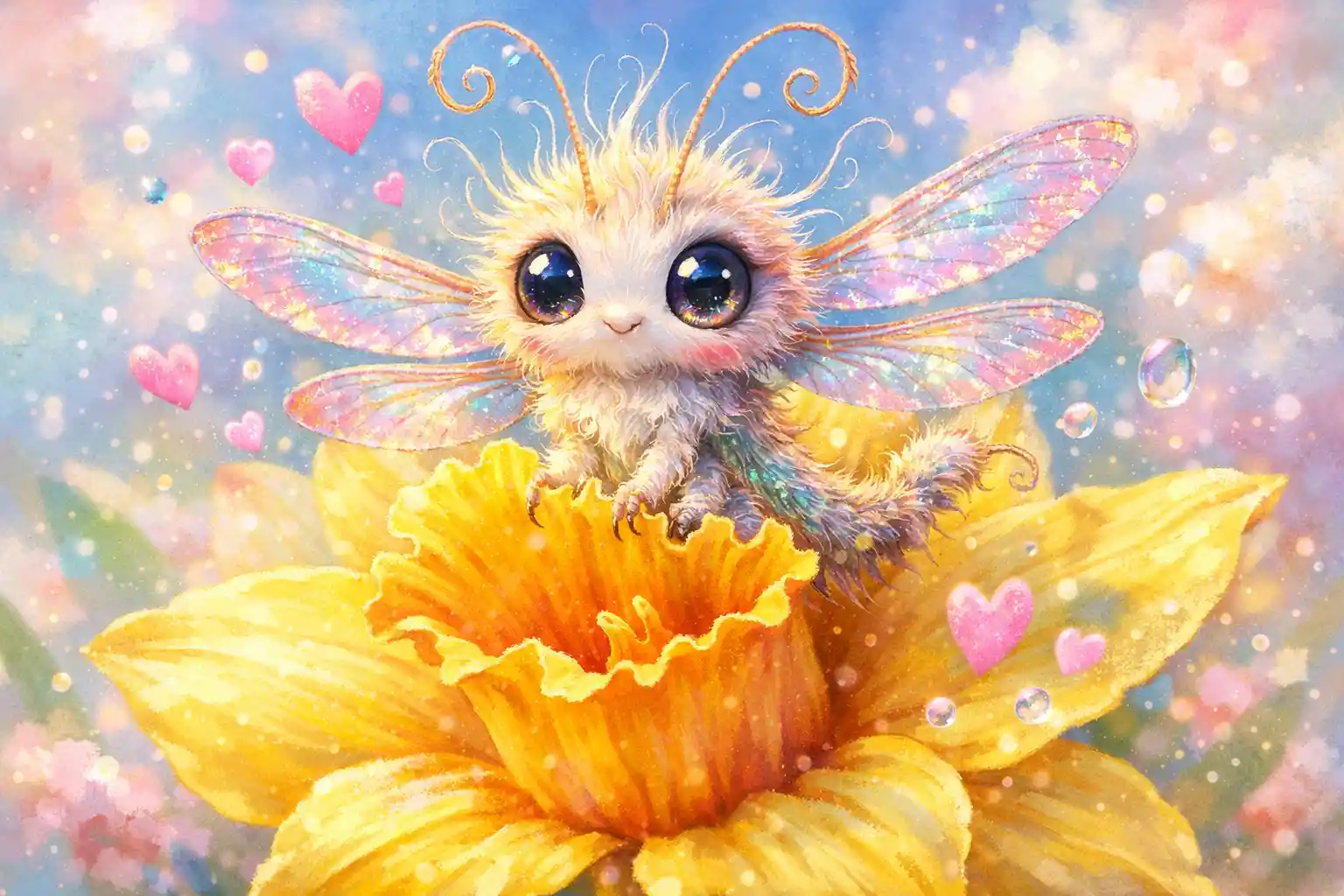 Cute baby dragonfly on a bright yellow daffodil