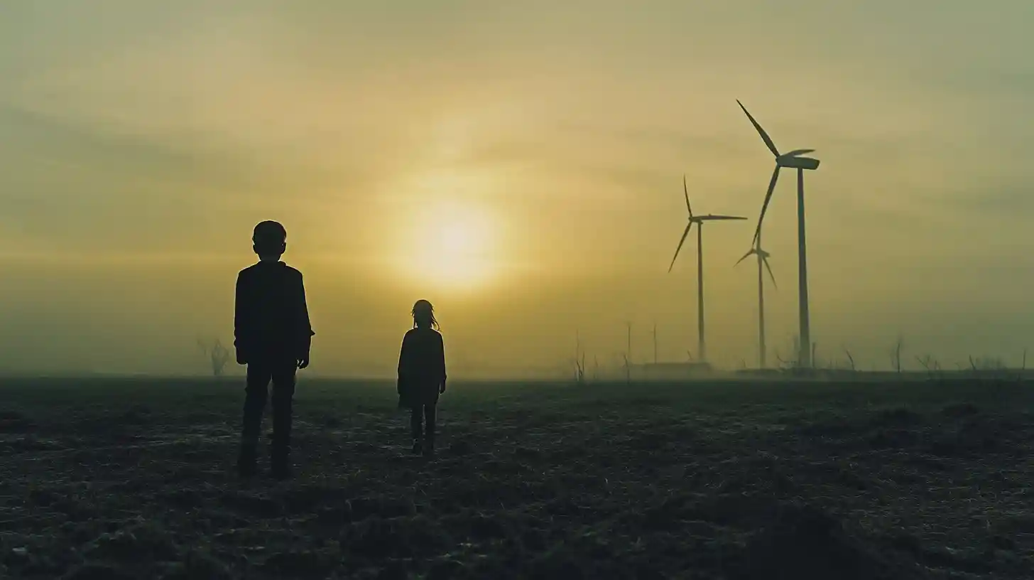 Young woman walking with her father across barren wasteland