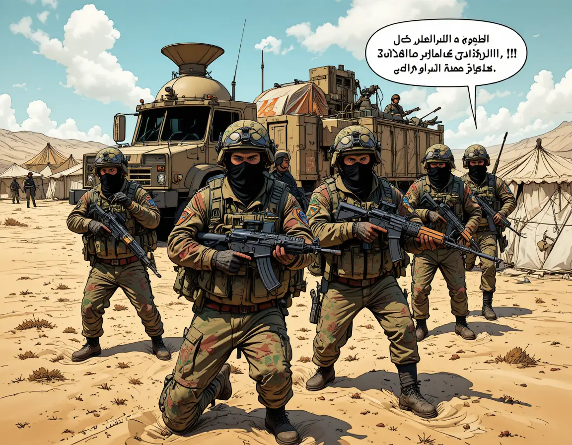 Armed soldiers in masks advance through a desert war zone