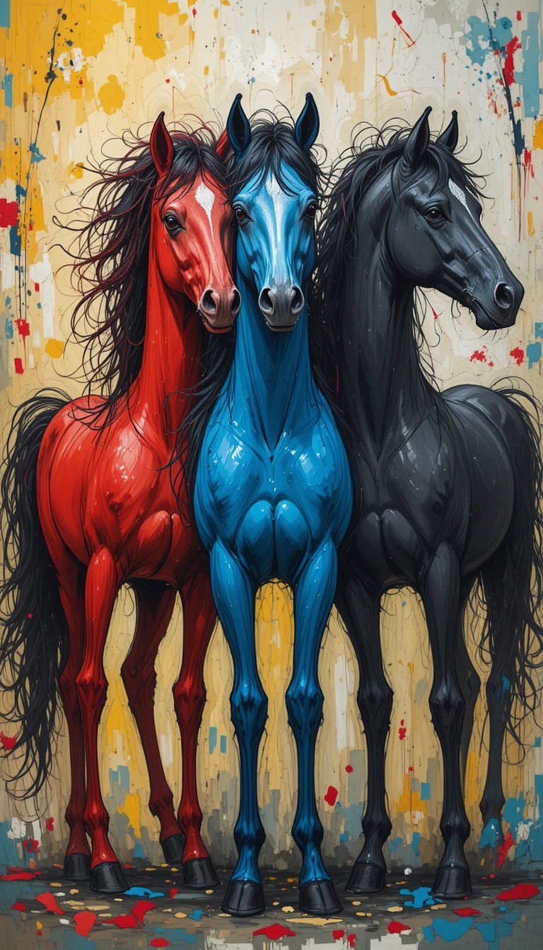 Colorful abstract horses intertwined on vibrant background