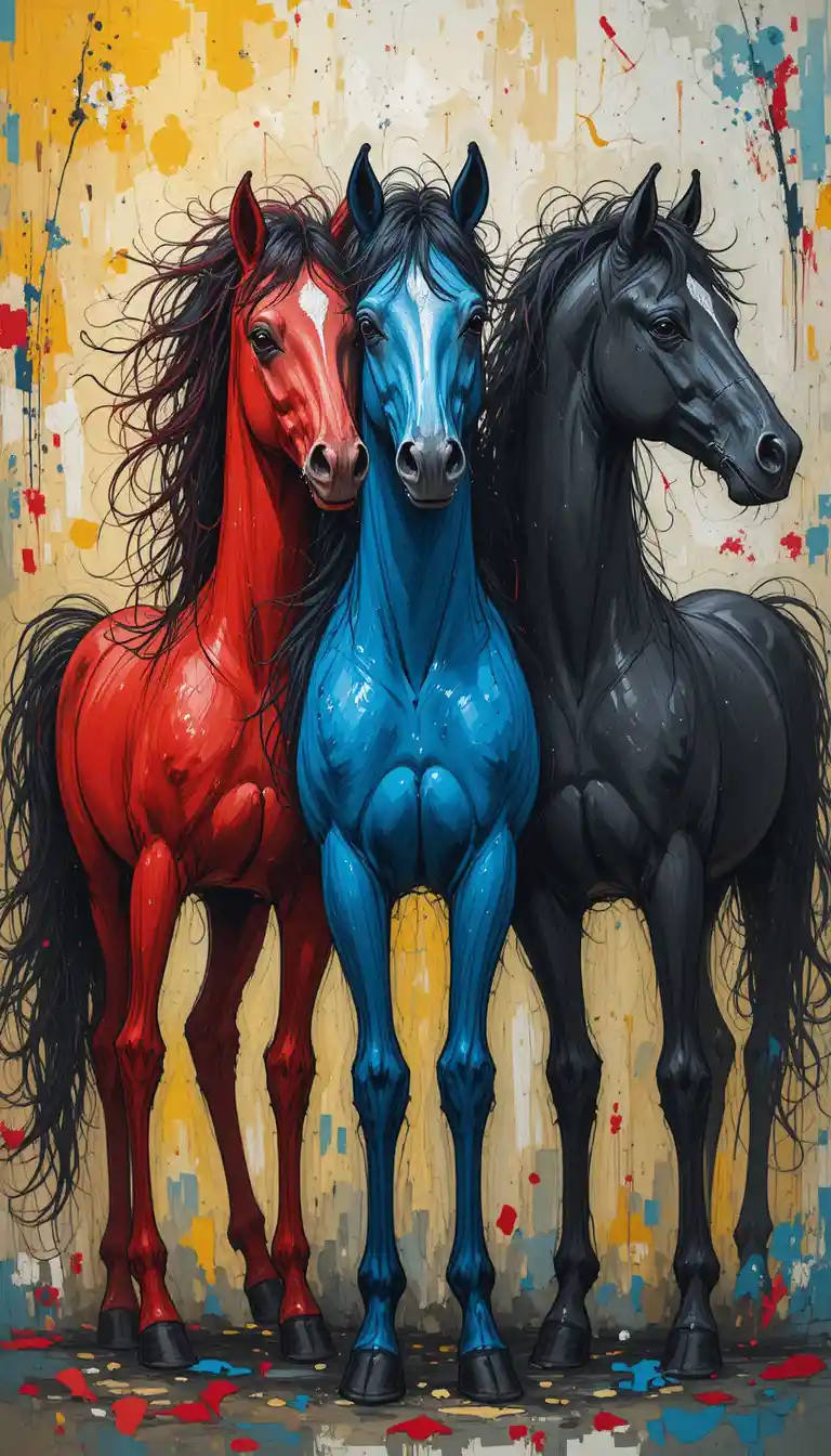 Colorful abstract horses intertwined on vibrant background