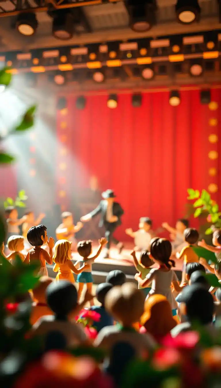Joyful children dancing in a concert hall close up