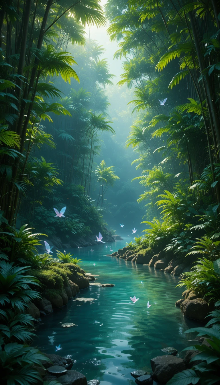 Mystical Jungle River Oasis With Glowing Fairies At Dusk
