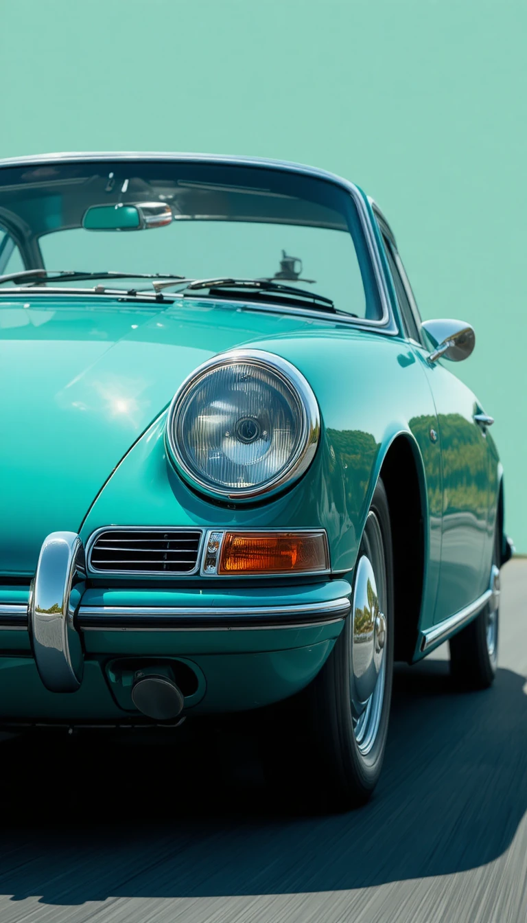 Teal classic sports car speeding along a sunlit road