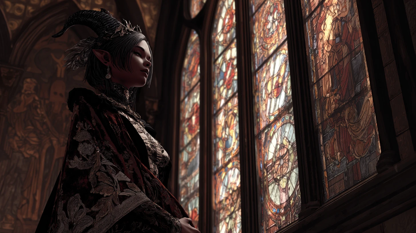 Demonic priestess in a shadowy chapel reaching toward light