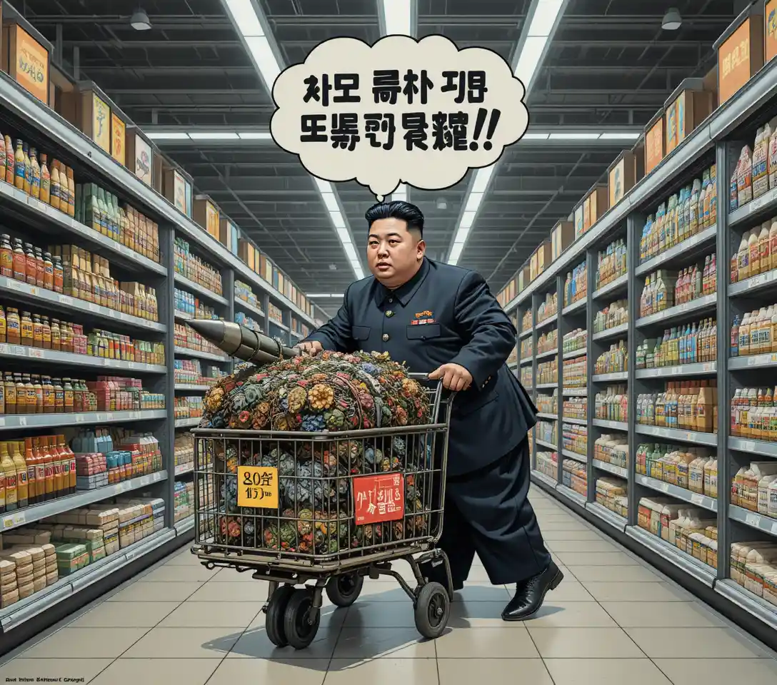 Leader satirico che spinge un carrello pieno di armi al supermercato