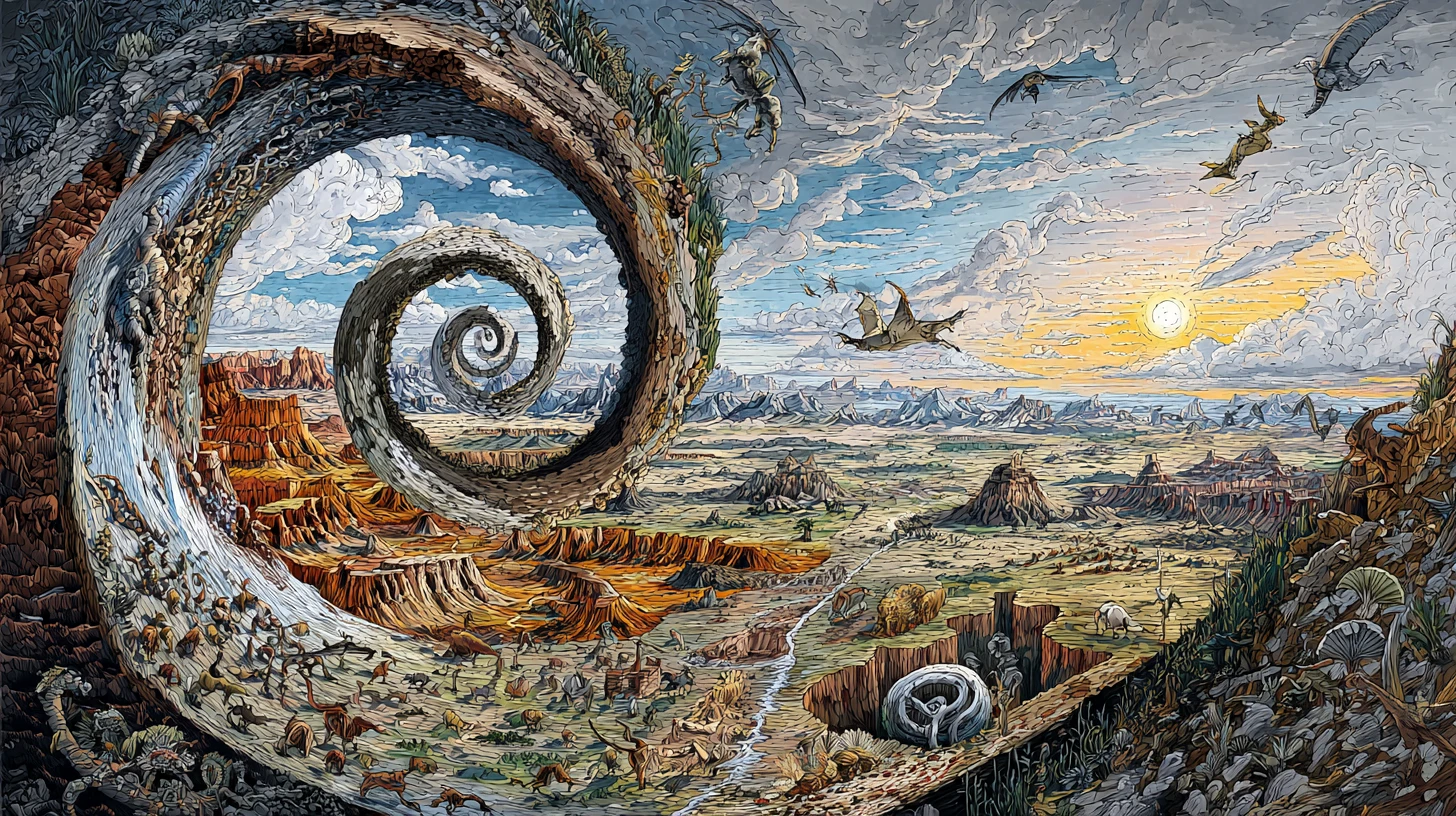 Colorful spiral diagram of geologic time and evolving earth life