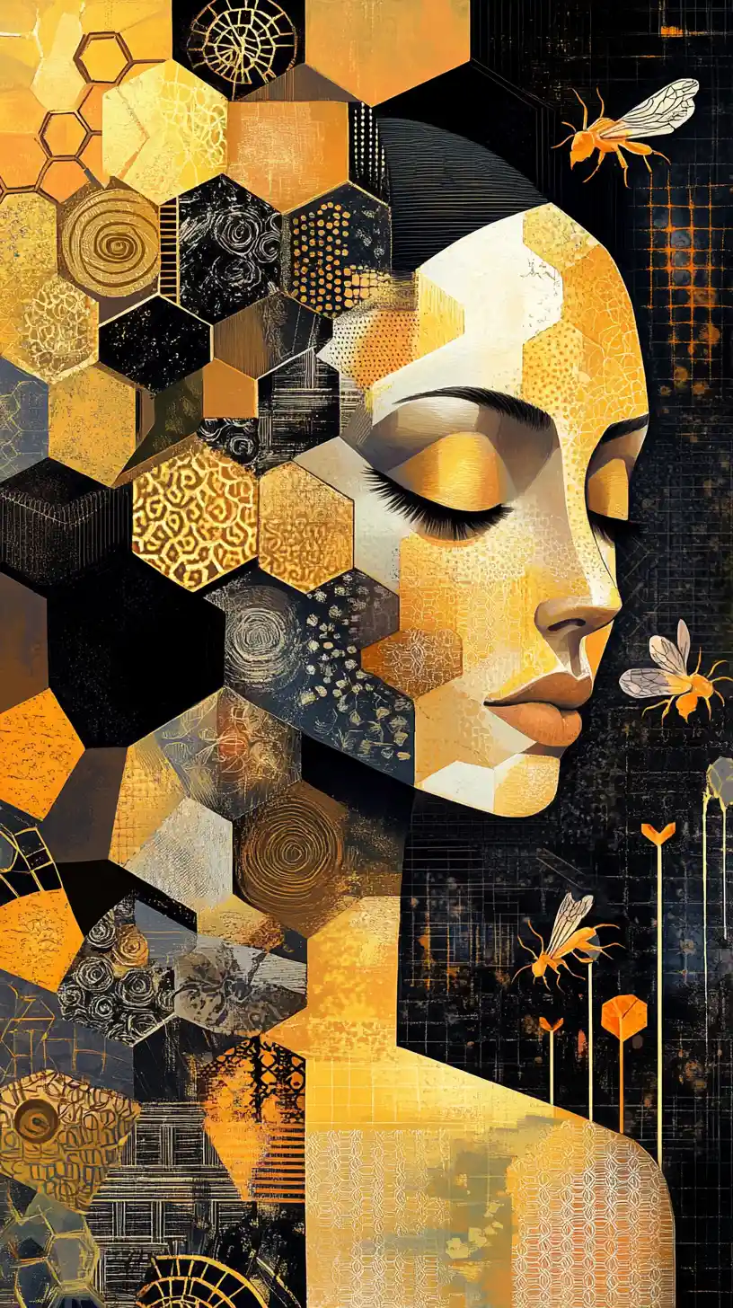 Mulher cubista com abelhas e padrões geométricos de colmeia