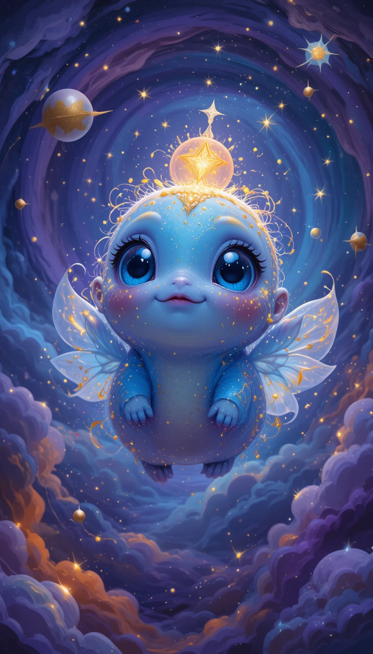 Smiling fantasy creature floating in glowing cosmic space