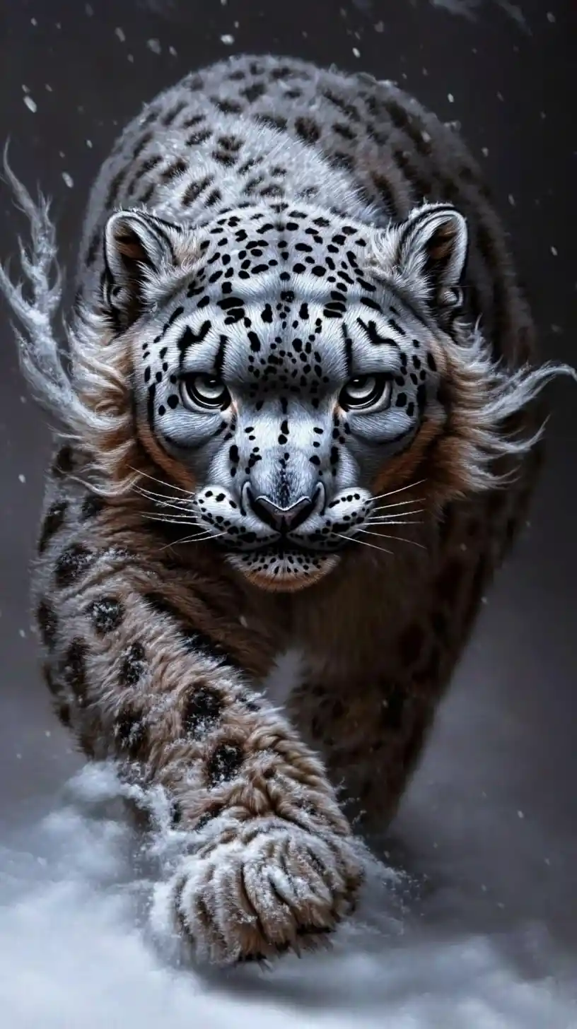 Leopardo delle nevi che riposa silenzioso in una scena montuosa avvolta dalla nebbia