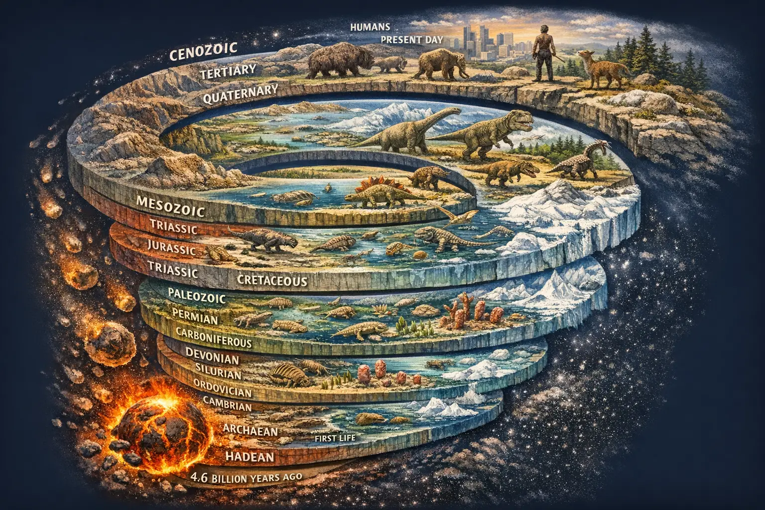Spiral illustration of geologic time and life on Earth