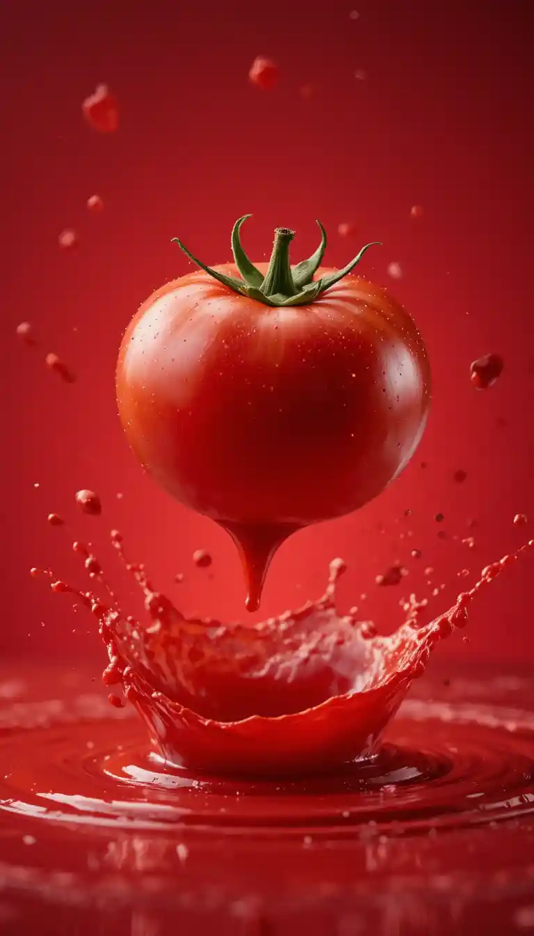 Schwebende rote Tomate über dynamischem Ketchup-Spritzer