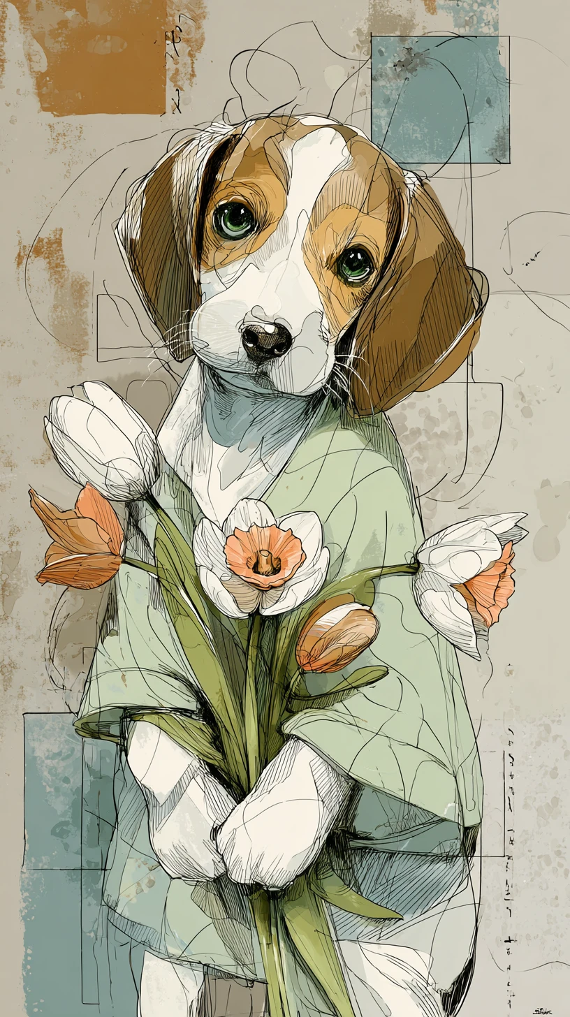 Cachorro tierno con ramo de tulipanes en ilustración en acuarela