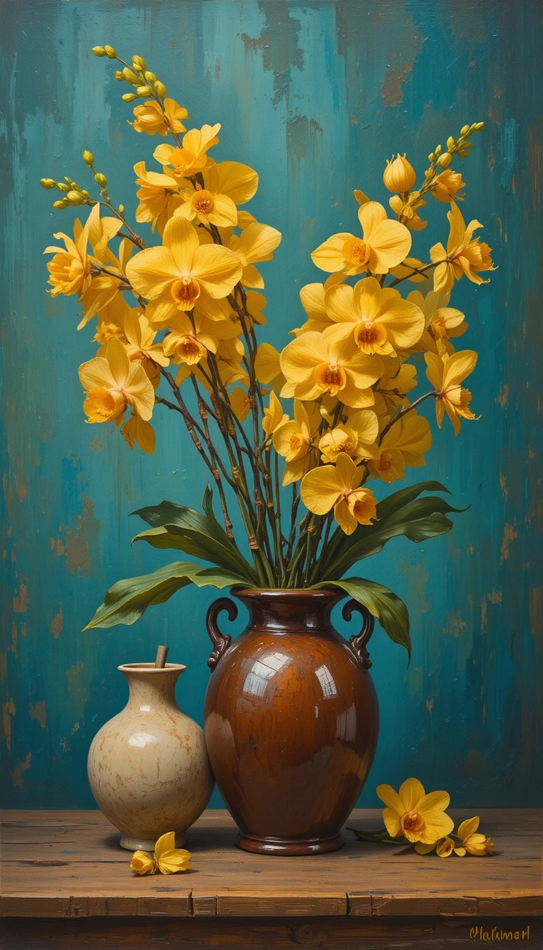 Yellow orchids in a rustic vase on wooden table