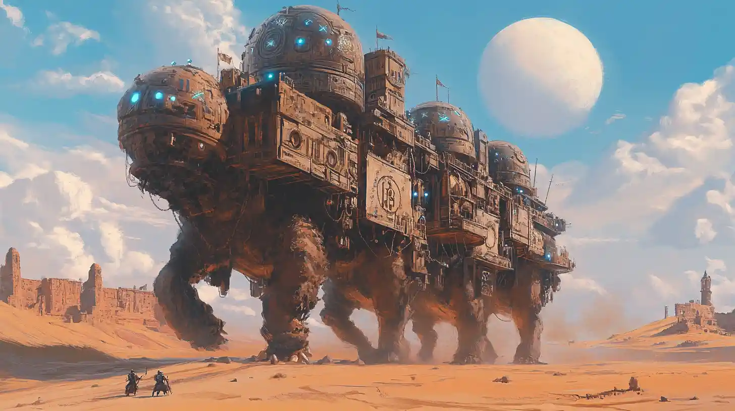 Nomadic caravan city on ancient beasts crossing alien desert