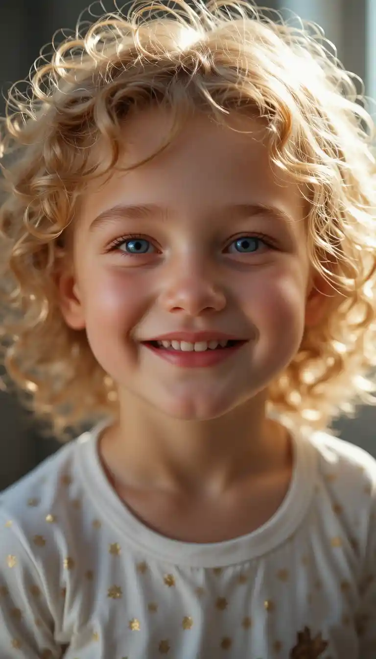 Smiling blue eyed child in warm sunlight close up portrait