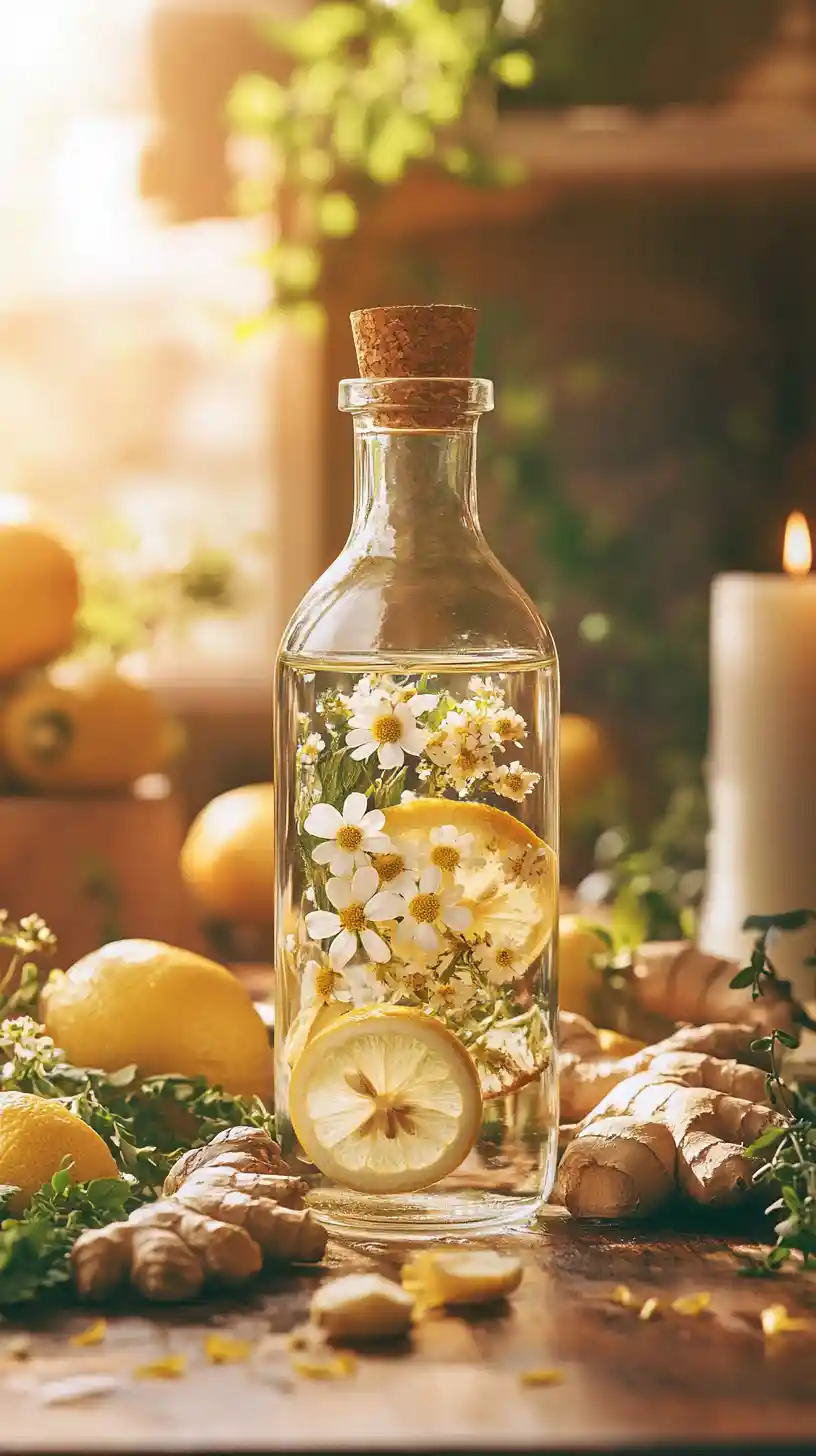 Glass bottle with lemon water and flowers on rustic table