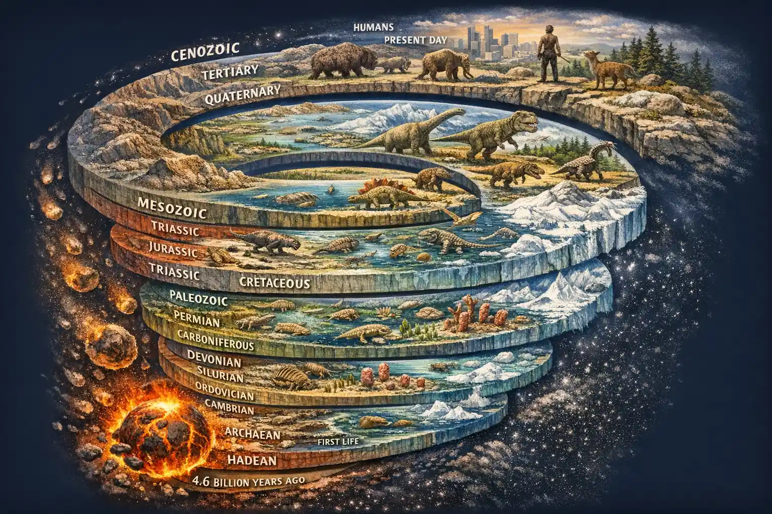 Spiral illustration of geologic time and life on Earth