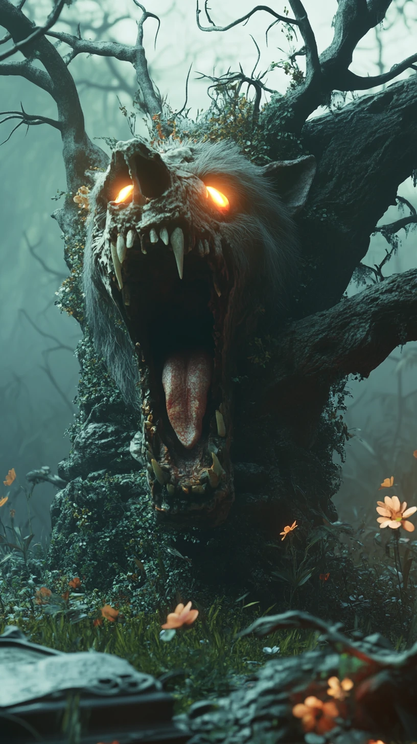 Glowing eyed wolf with fangs in a dark graveyard