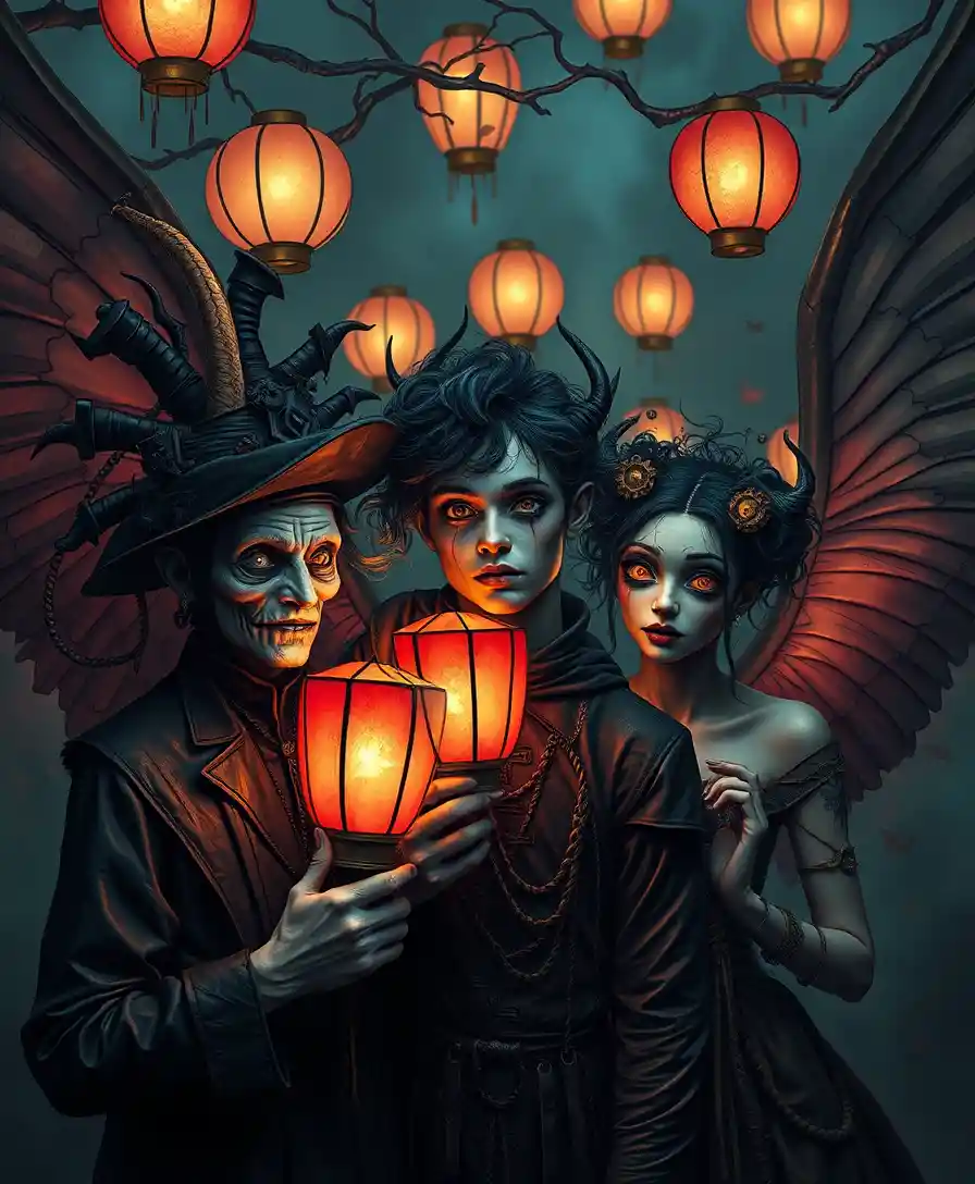 Whimsical surreal characters with glowing lantern wings