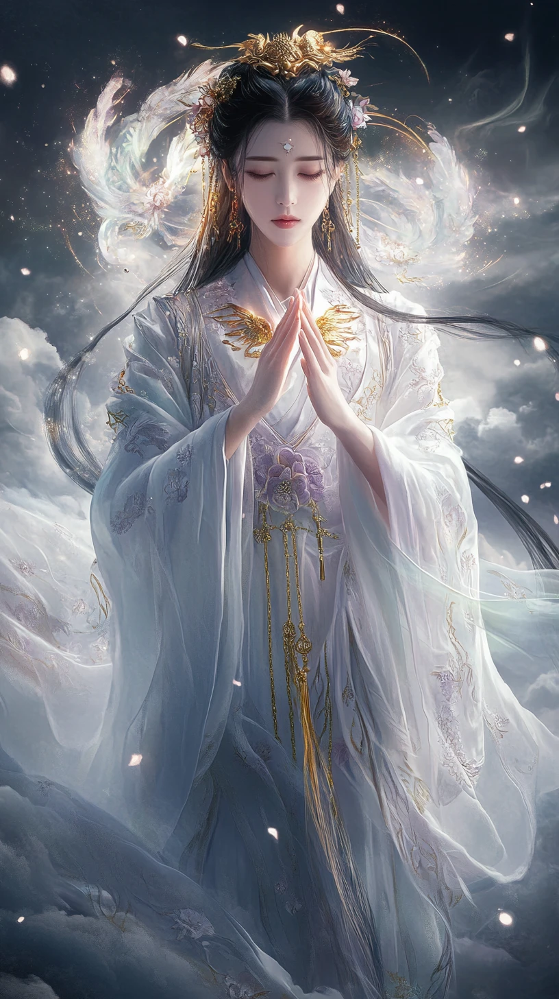 Celestial goddess in glowing hanfu above swirling clouds