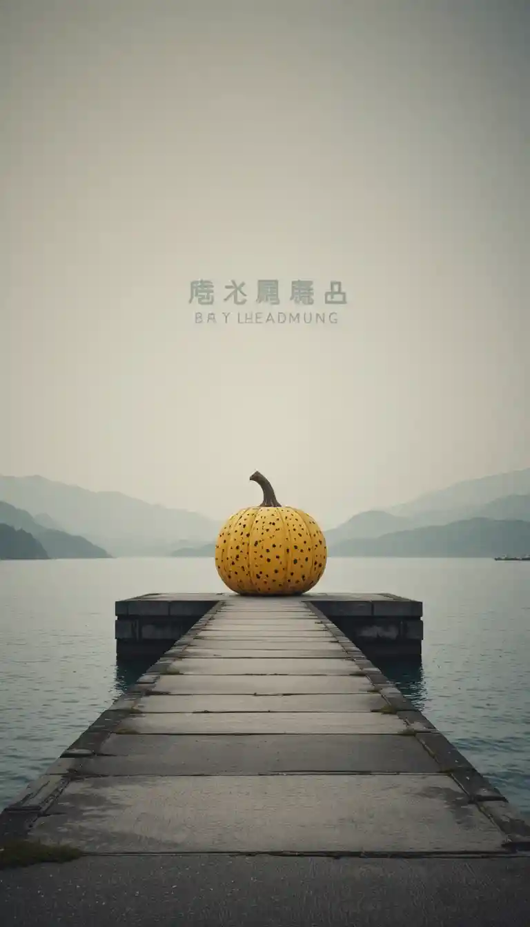 Yellow pumpkin sculpture on a pier by the calm sea