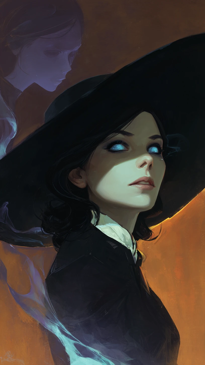 Elegant woman in wide brim hat with glowing blue eyes