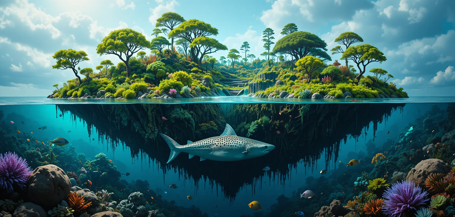 Surreal Floating Island Split Between Forest And Ocean Life