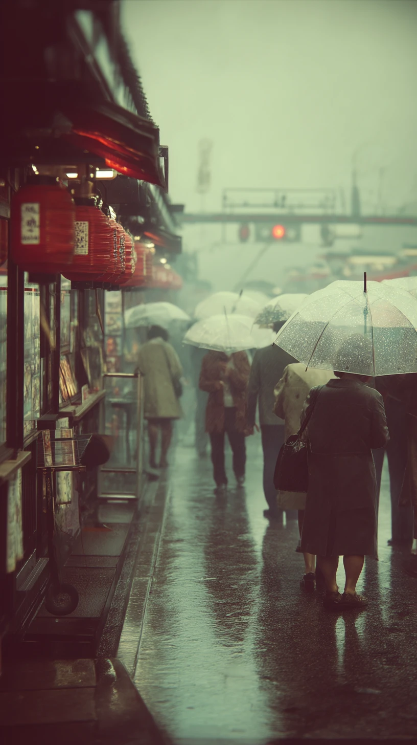 Foggy Asakusa street with lanterns and tourists in 2050