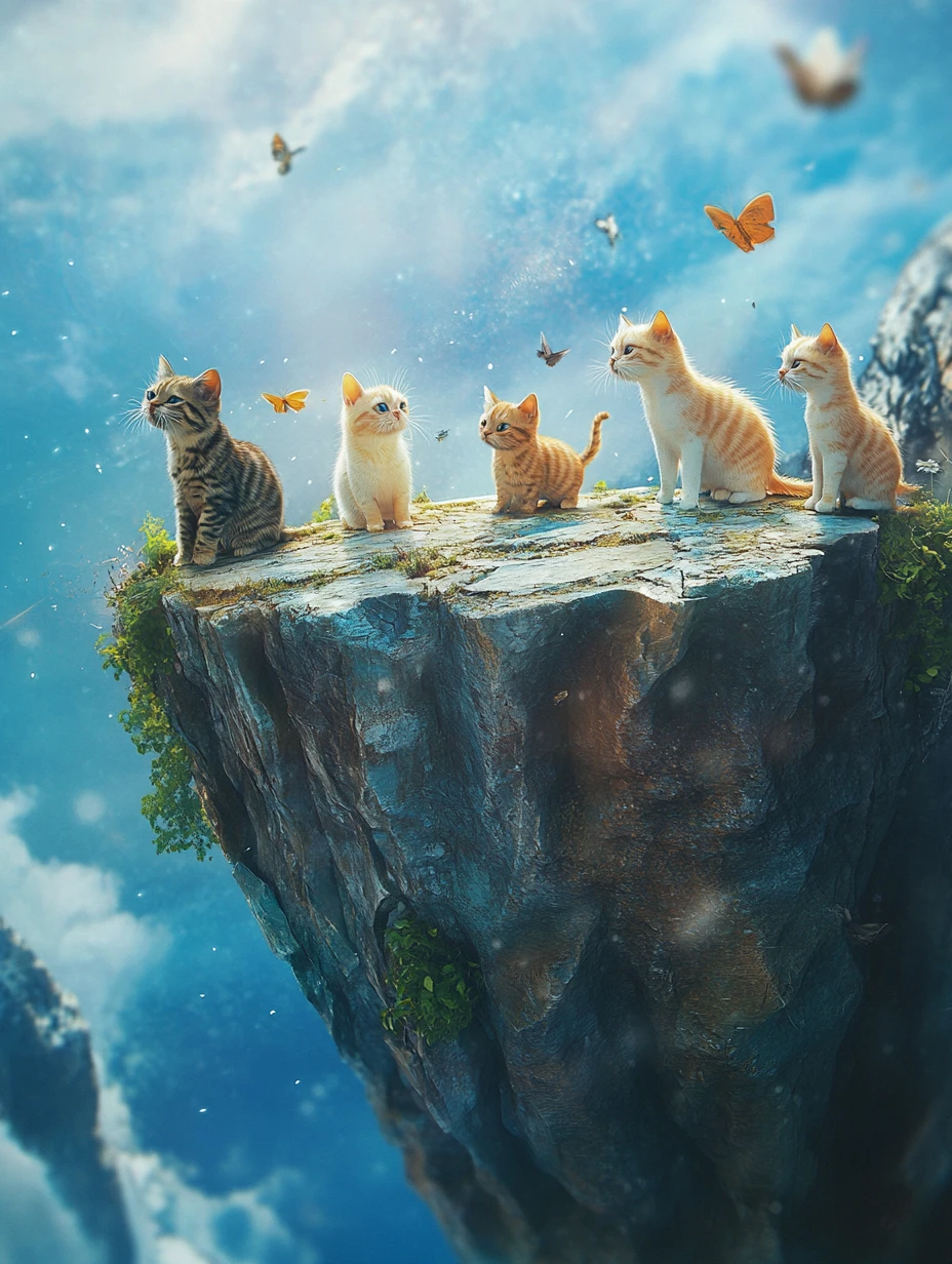 Cartoon cat pushing objects off the flat world edge