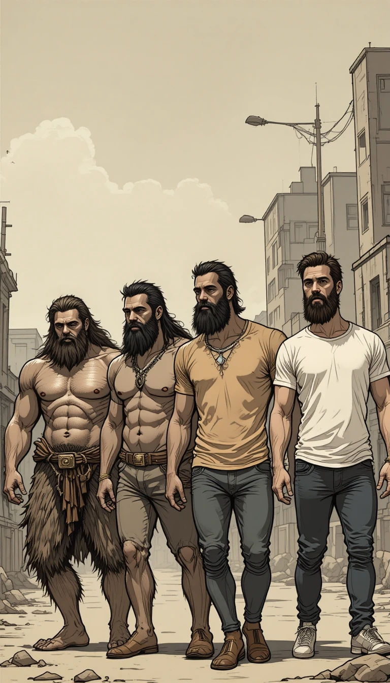 Four men strutting in a row before a faded cityscape