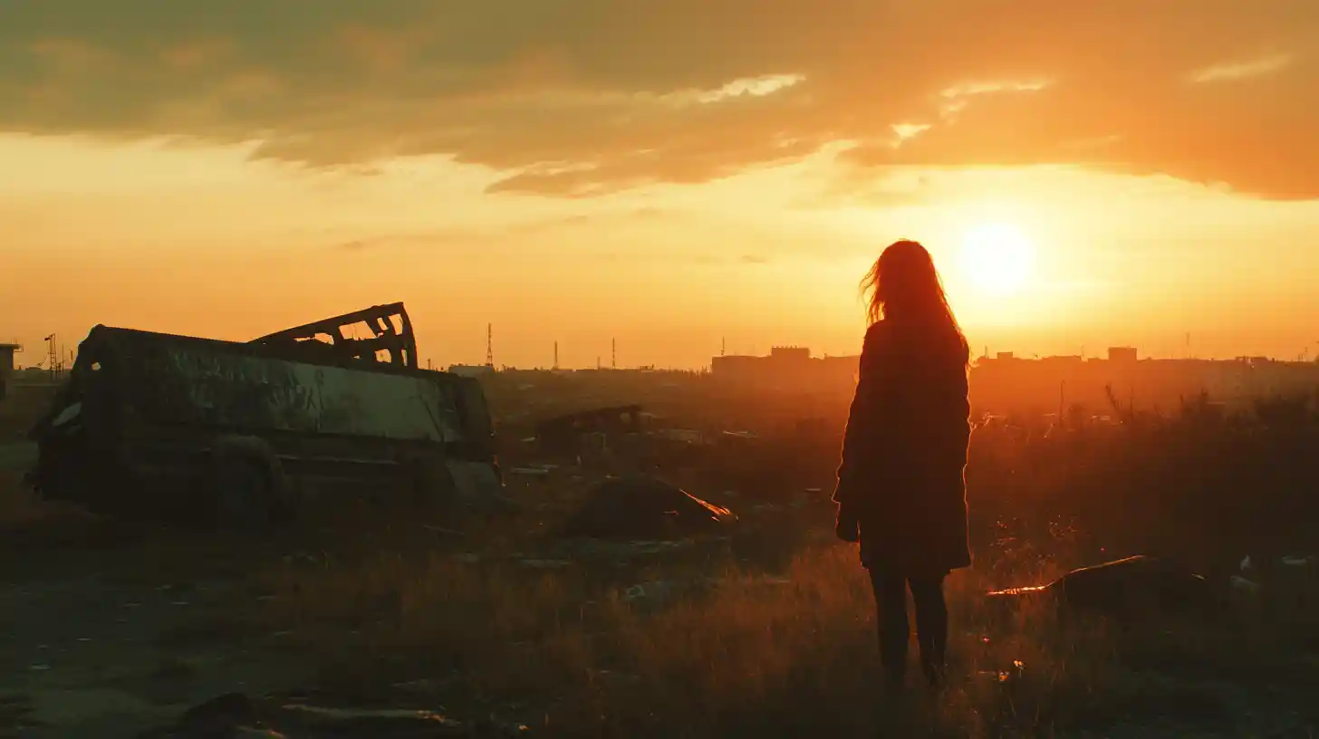 Young woman and father crossing a desolate wasteland