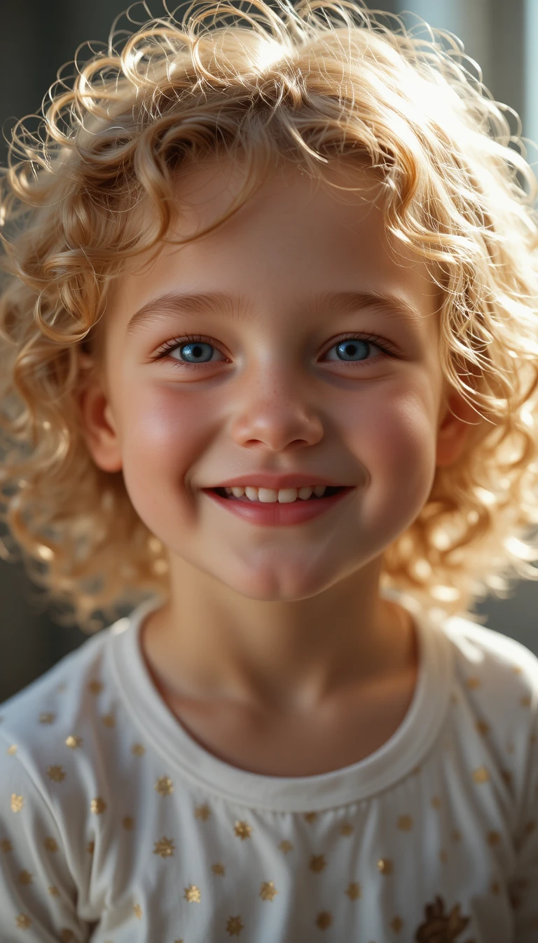 Smiling blue eyed child in warm sunlight close up portrait
