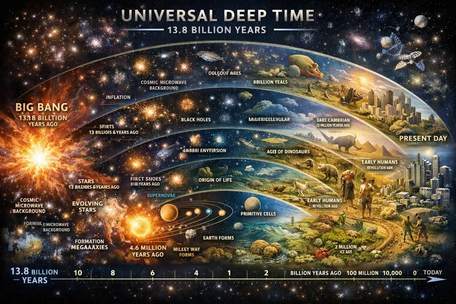 Cosmic deep time timeline from universe origin to present