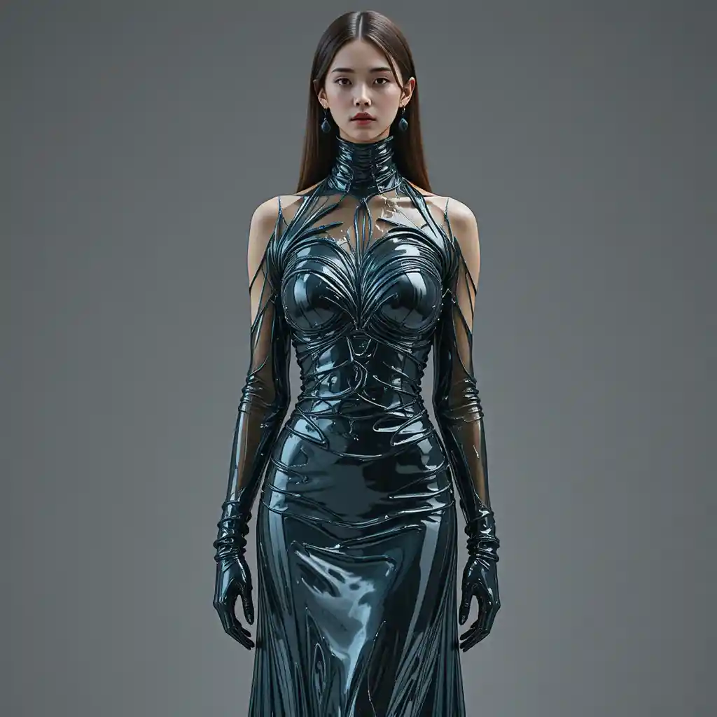 Koreanische Frau in einem schmelzglasartigen Kleid, die langsam entschwindet