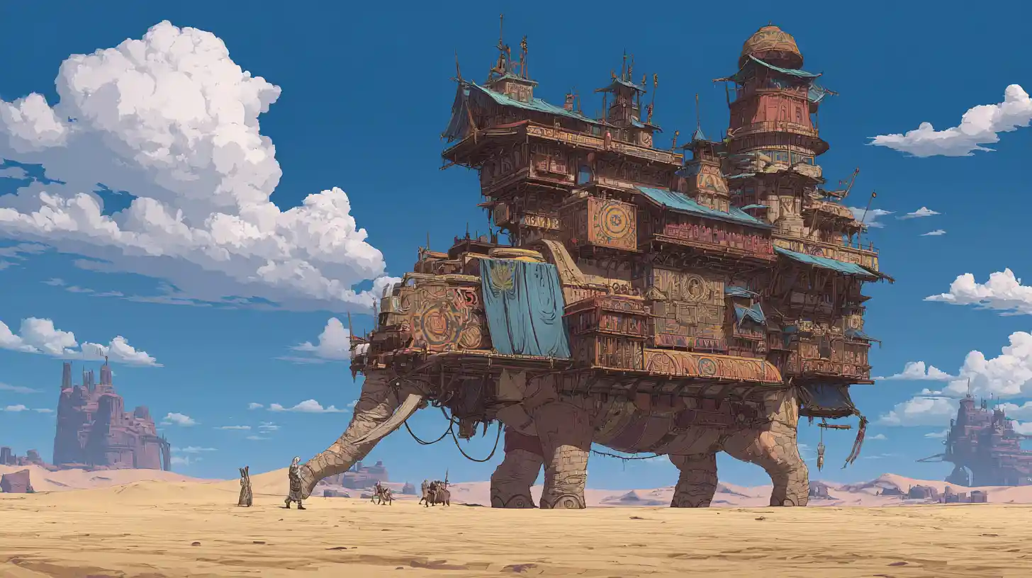 Nomadic caravan city riding ancient beasts across alien sands