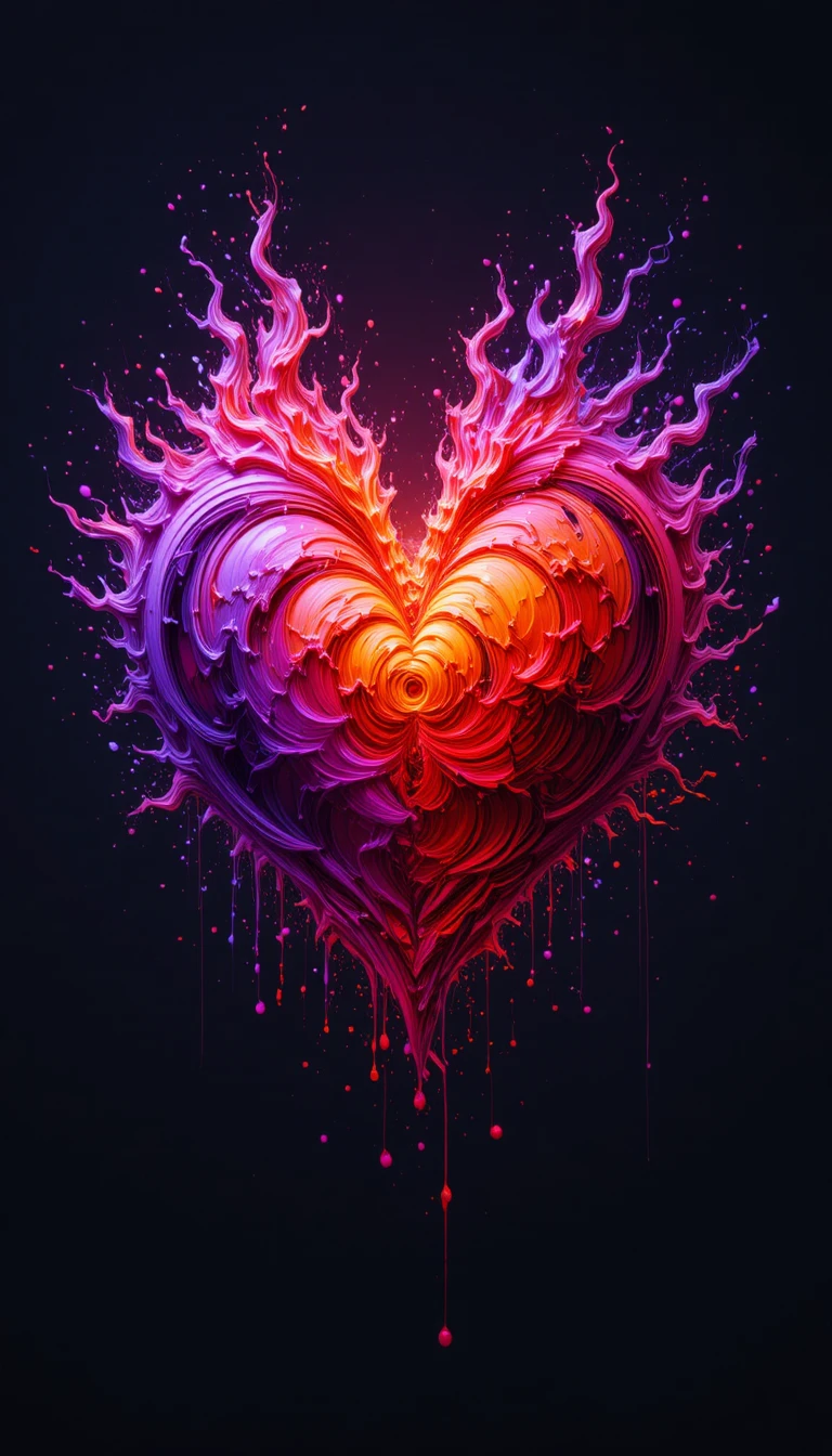 Fiery abstract heart made of swirling colorful paint