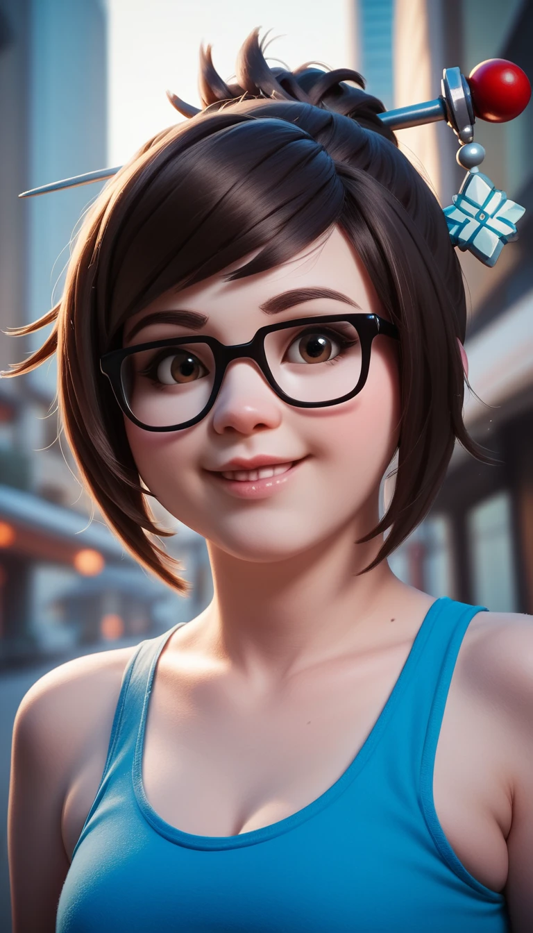 Chica sonriente con camiseta azul en retrato de cosplay en la ciudad