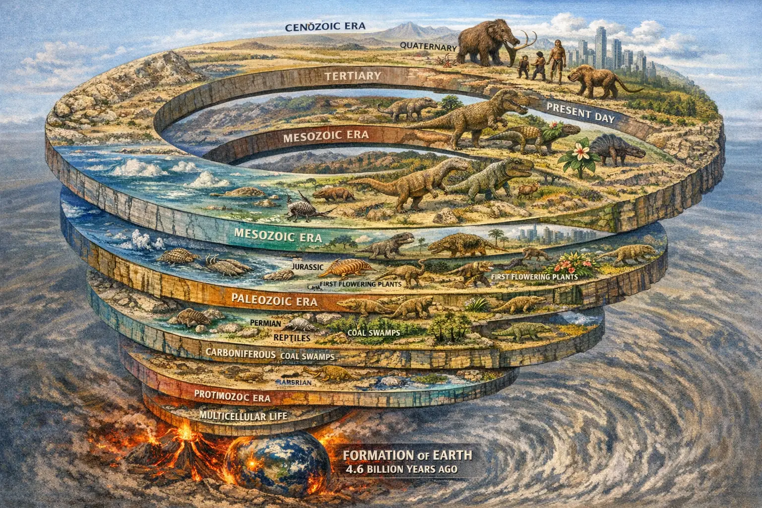 Spiral illustration of geologic time and life on Earth