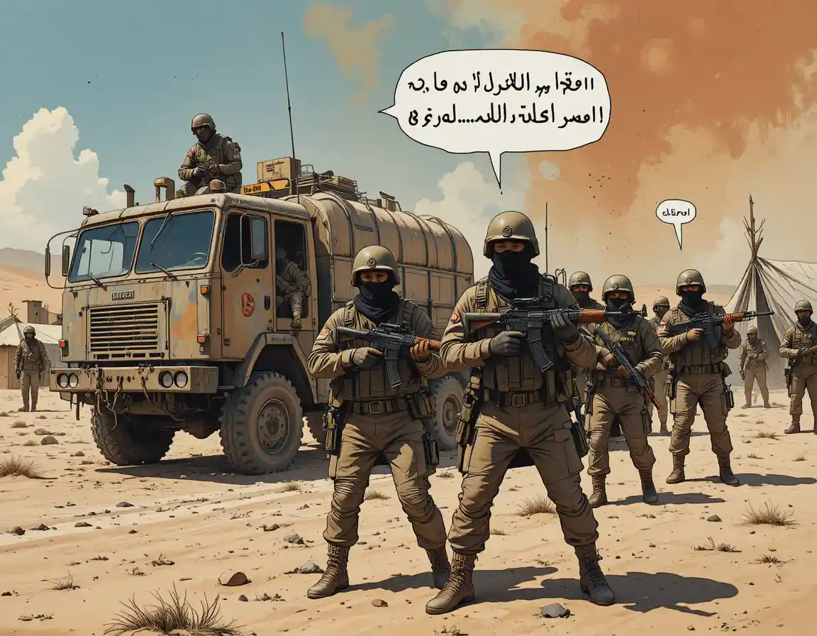 Armed soldiers in desert convoy during tense comic battle