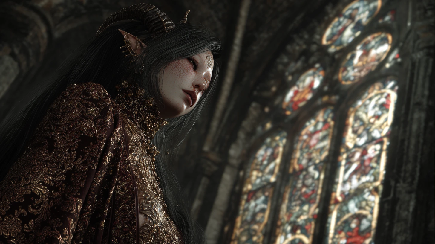 Sacerdotessa demoniaca che guarda verso la luce in una cappella in ombra