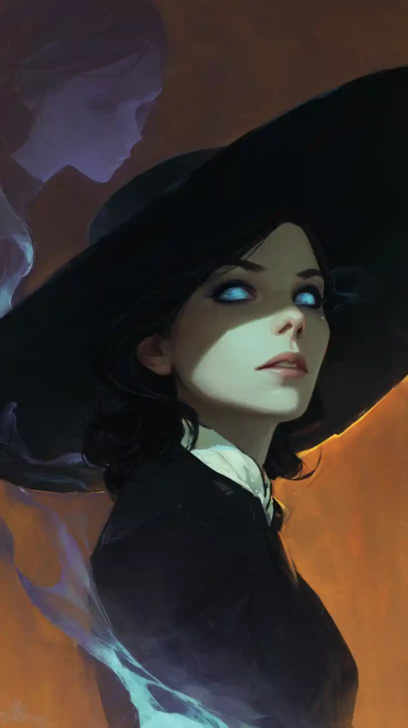 Elegant woman in wide brim hat with glowing blue eyes