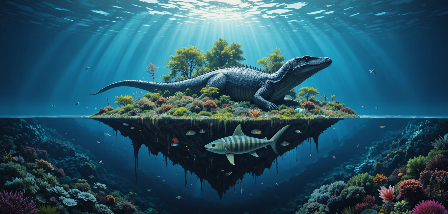 Massive marine reptile gliding through deep blue ocean light