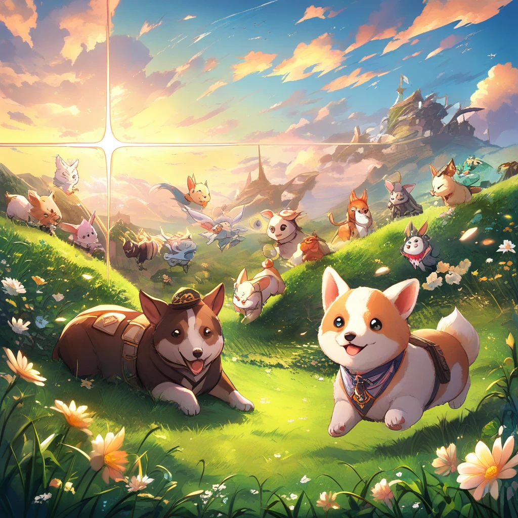 Playful corgi puppy jumping in a sunny green garden