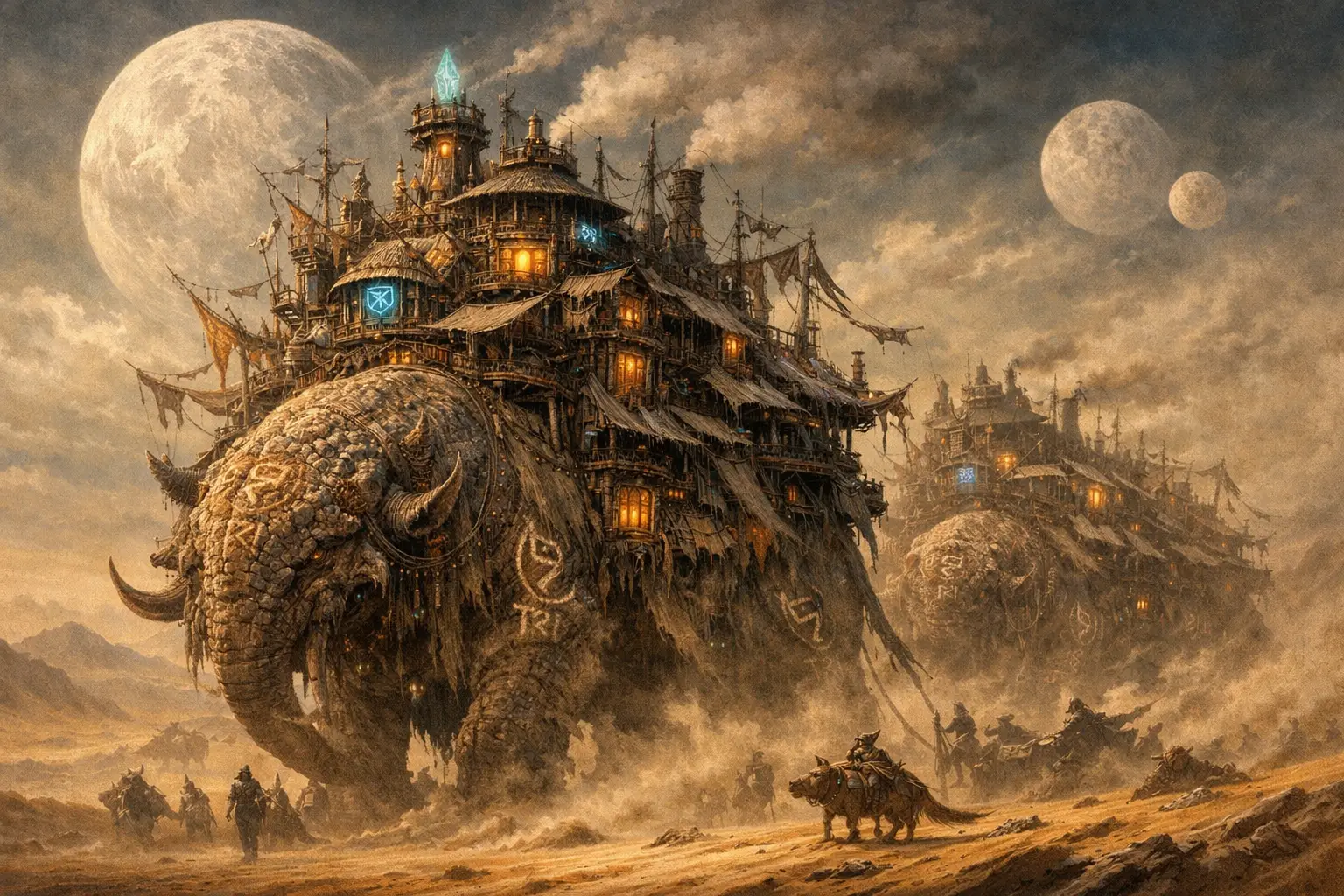 Nomadic caravan city on ancient beasts crossing alien dunes