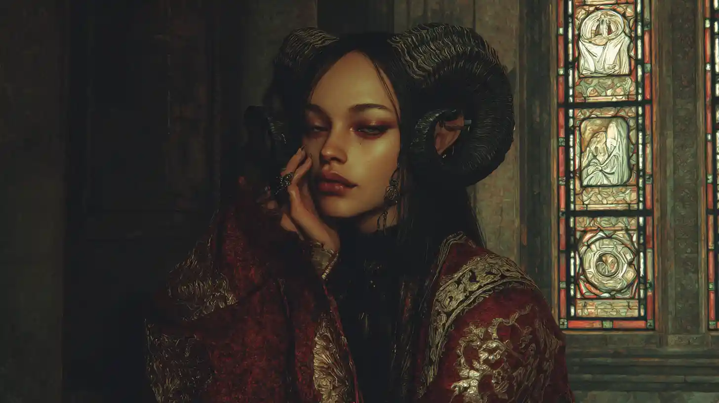 Demonic priestess seeking redemption in a shadowy cathedral